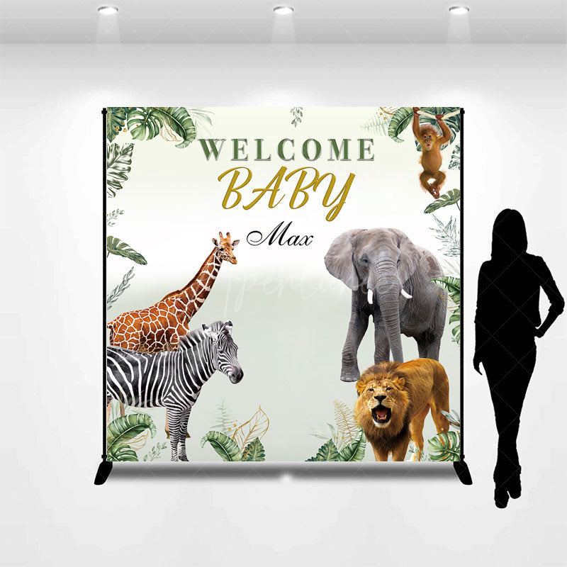 Aperturee Aperturee Welcome Baby Custom Name Backdrop for Baby Shower Safari Jungle Animals Wild Greenery Themed Photo Prop Decor