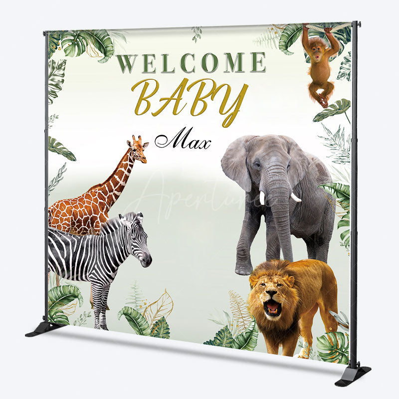 Aperturee Aperturee Welcome Baby Custom Name Backdrop for Baby Shower Safari Jungle Animals Wild Greenery Themed Photo Prop Decor