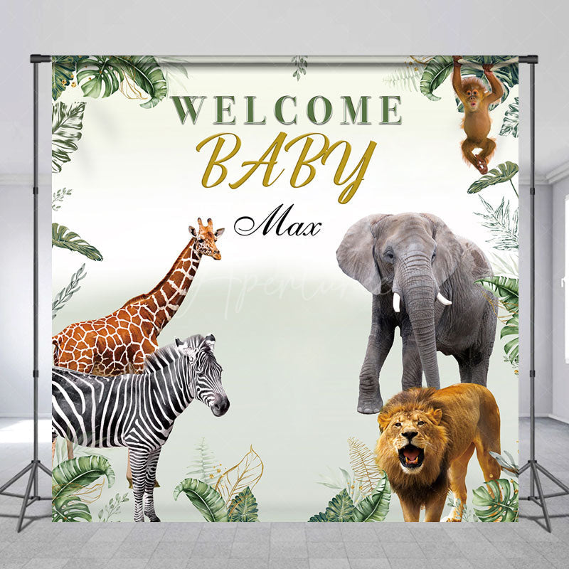 Aperturee Aperturee Welcome Baby Custom Name Backdrop for Baby Shower Safari Jungle Animals Wild Greenery Themed Photo Prop Decor