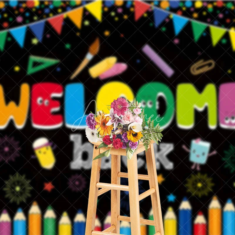 Aperturee - Aperturee Welcome Back School Backdrop Colorful Pencils Books and Supplies for Classroom Party Decor
