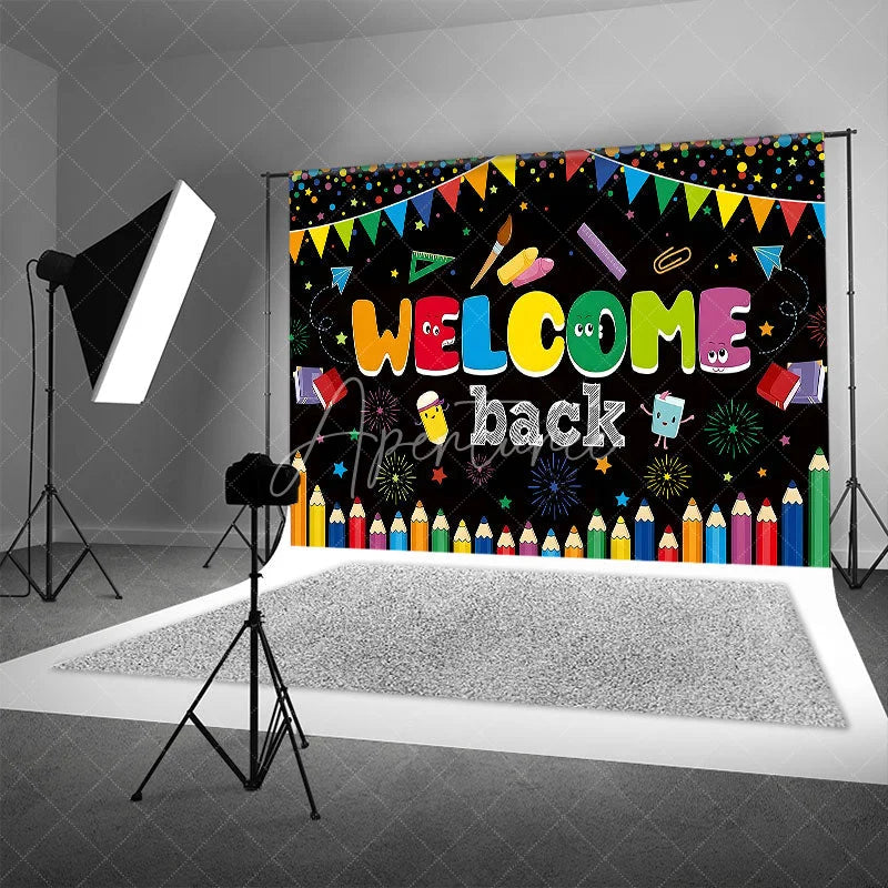Aperturee - Aperturee Welcome Back School Backdrop Colorful Pencils Books and Supplies for Classroom Party Decor