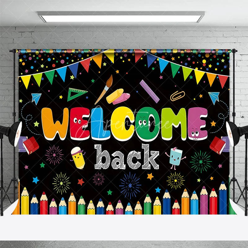 Aperturee - Aperturee Welcome Back School Backdrop Colorful Pencils Books and Supplies for Classroom Party Decor