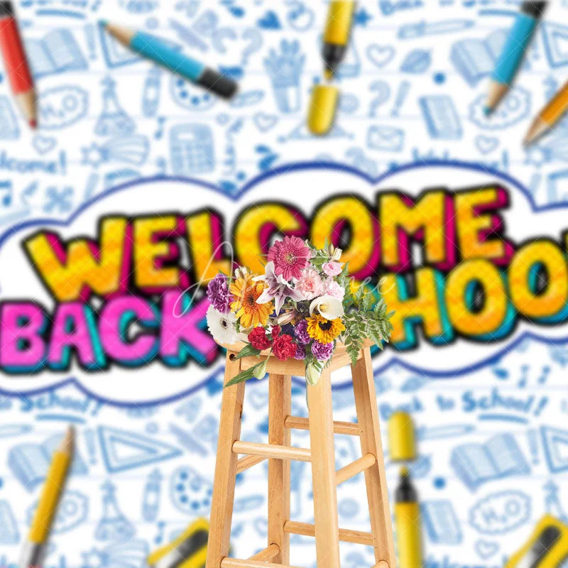 Aperturee - Aperturee Welcome Back to School Backdrop Vibrant Educational Supplies Photo Background for Kids First Day Party