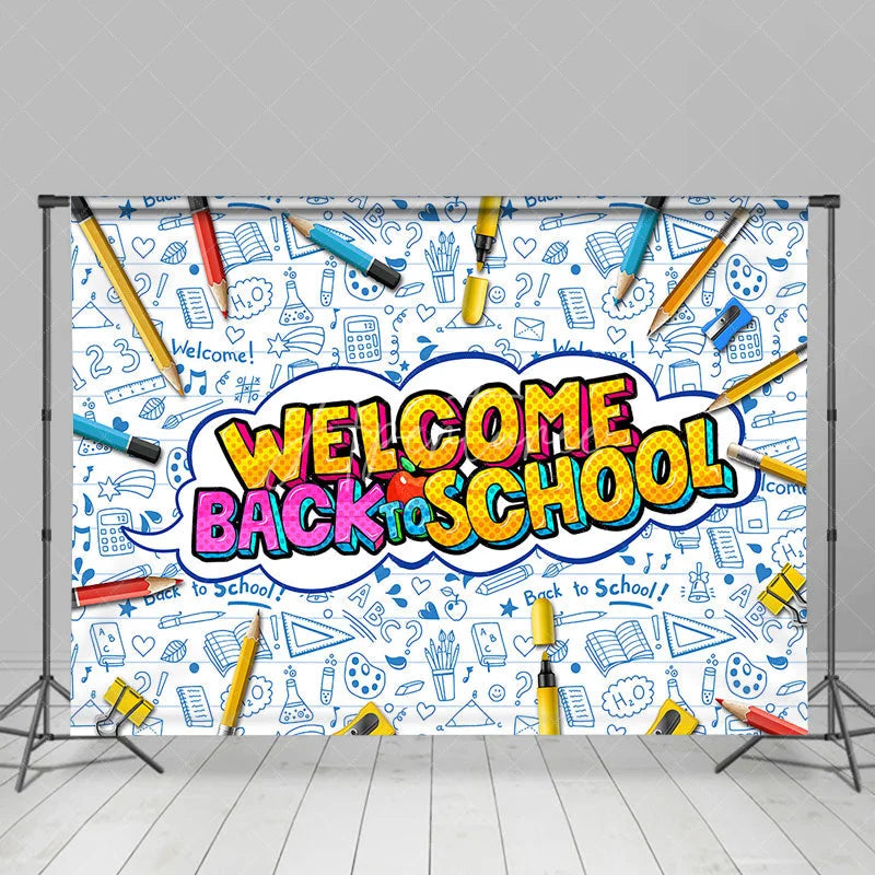 Aperturee - Aperturee Welcome Back to School Backdrop Vibrant Educational Supplies Photo Background for Kids First Day Party