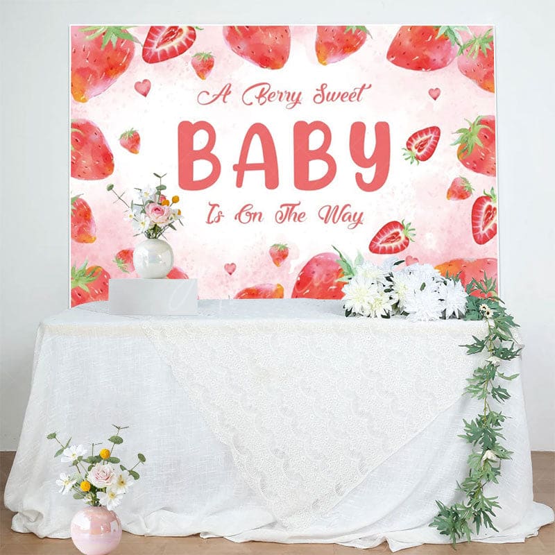 Aperturee - Aperturee Welcome Sweet Strawberry Girl Baby Shower Backdrop