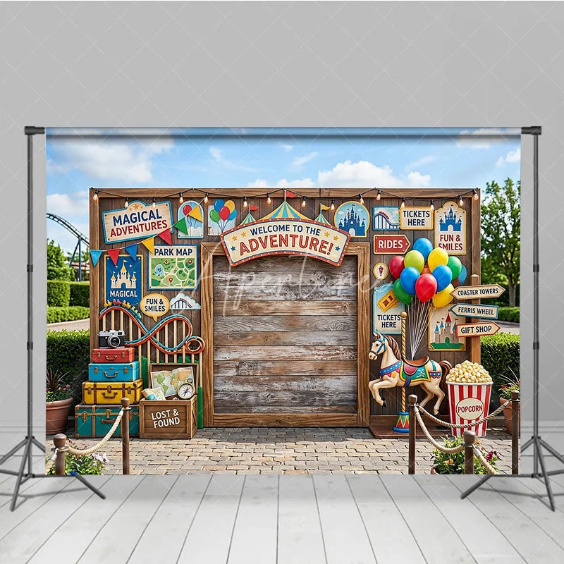 Aperturee - Aperturee Welcome to the Adventure Carnival Wooden Photography Backdrop with Balloons and Carousel Horse Festive Party Decor