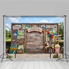 Aperturee - Aperturee Welcome to the Adventure Carnival Wooden Photography Backdrop with Balloons and Carousel Horse Festive Party Decor