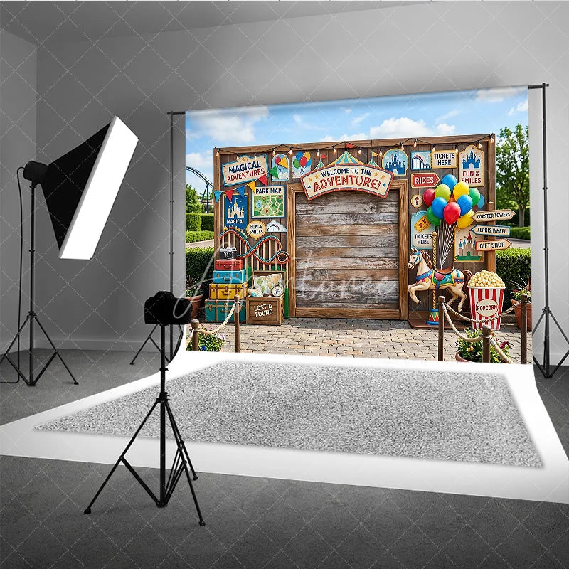 Aperturee - Aperturee Welcome to the Adventure Carnival Wooden Photography Backdrop with Balloons and Carousel Horse Festive Party Decor