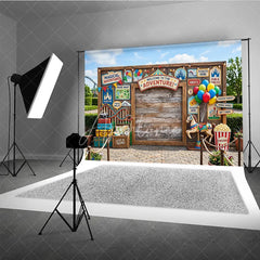 Aperturee - Aperturee Welcome to the Adventure Carnival Wooden Photography Backdrop with Balloons and Carousel Horse Festive Party Decor