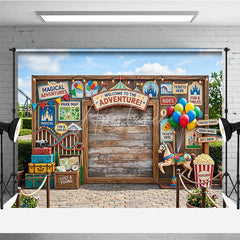Aperturee - Aperturee Welcome to the Adventure Carnival Wooden Photography Backdrop with Balloons and Carousel Horse Festive Party Decor