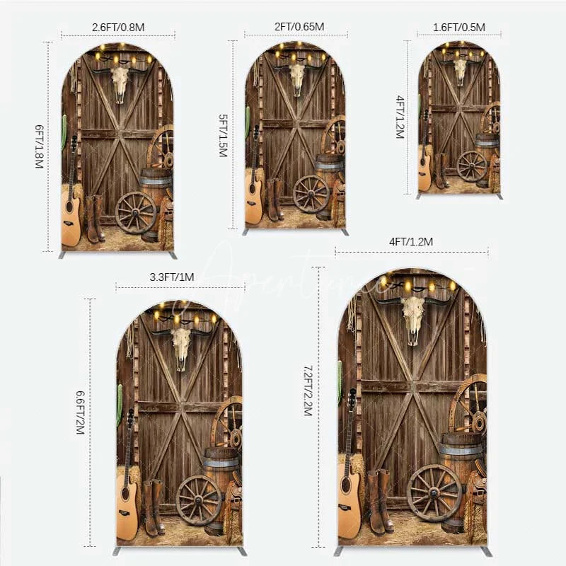 Aperturee - Aperturee Western Cowboy Arch Backdrop Saloon Wood Door with Bull Skull and Barrel Background Rustic Birthday Party Decor
