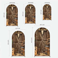 Aperturee - Aperturee Western Cowboy Arch Backdrop Saloon Wood Door with Bull Skull and Barrel Background Rustic Birthday Party Decor