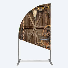 Aperturee - Aperturee Western Cowboy Half Moon Arch Backdrop Saloon Wood Door with Bull Skull and Barrel Background Rustic Birthday Party