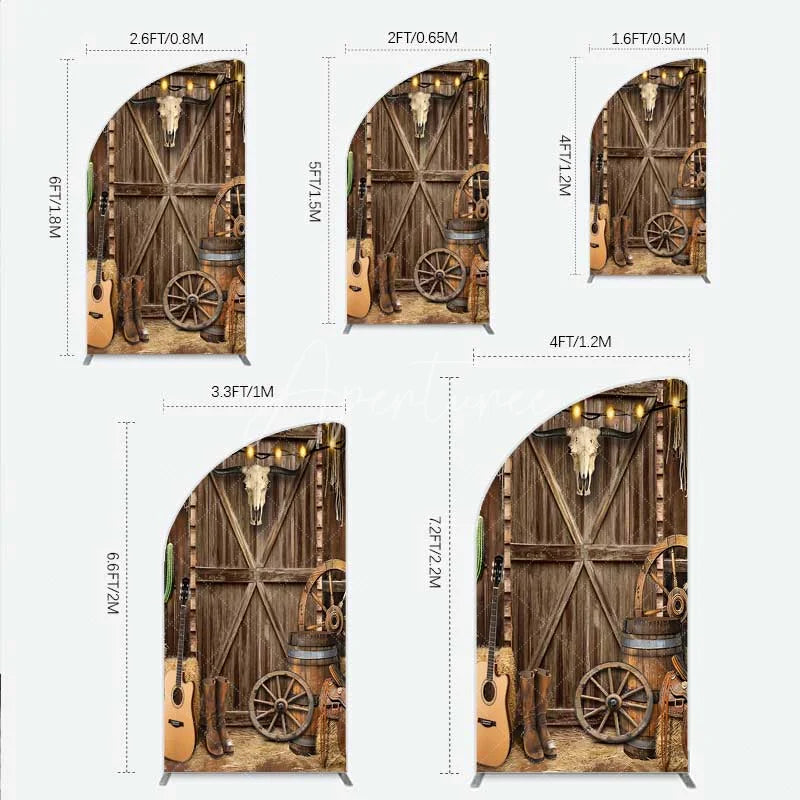 Aperturee - Aperturee Western Cowboy Half Moon Arch Backdrop Saloon Wood Door with Bull Skull and Barrel Background Rustic Birthday Party