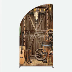 Aperturee - Aperturee Western Cowboy Half Moon Arch Backdrop Saloon Wood Door with Bull Skull and Barrel Background Rustic Birthday Party