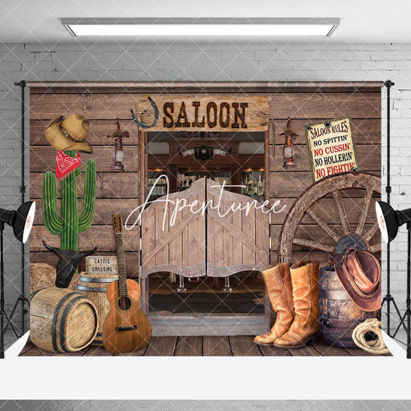 Aperturee - Aperturee Western Cowboy Saloon Wooden House Room Set Backdrop