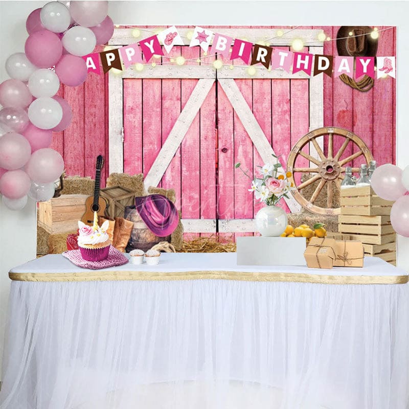 Aperturee - Aperturee Western Cowgirl Farm Pink Happy Birthday Backdrop