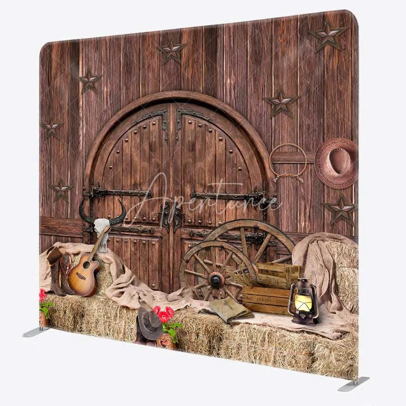 Aperturee - Aperturee Western Saloon Tension Fabric Backdrop Rustic Barn Door and Hay Bales Wild West Cowboy Themed Photo Prop
