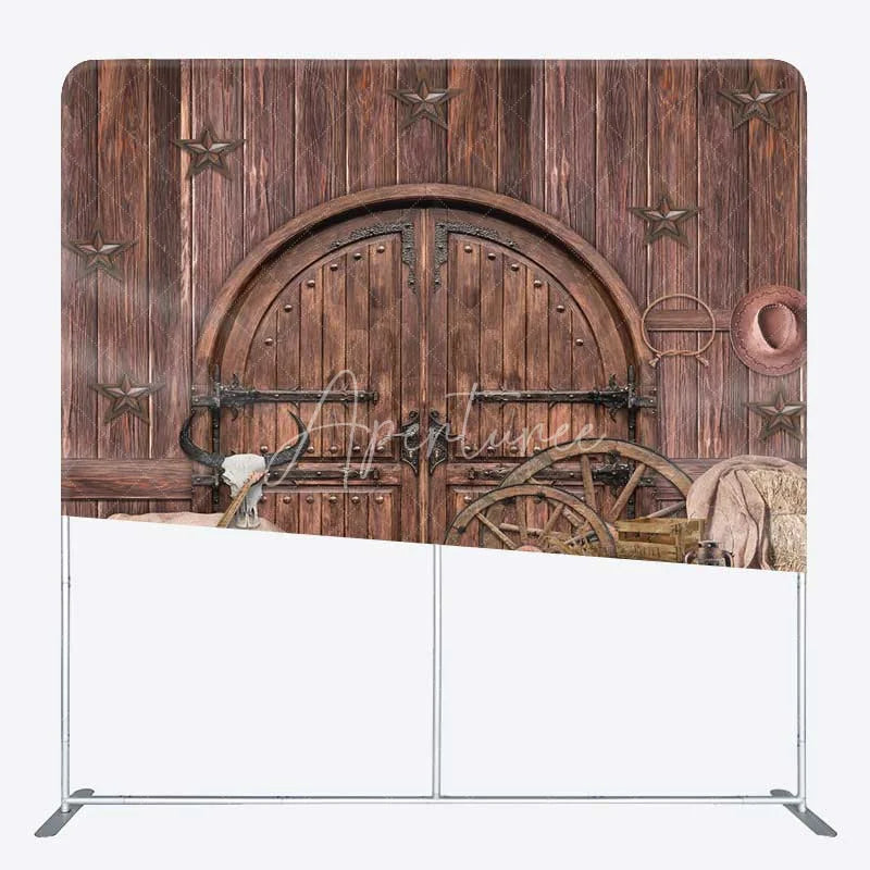 Aperturee - Aperturee Western Saloon Tension Fabric Backdrop Rustic Barn Door and Hay Bales Wild West Cowboy Themed Photo Prop