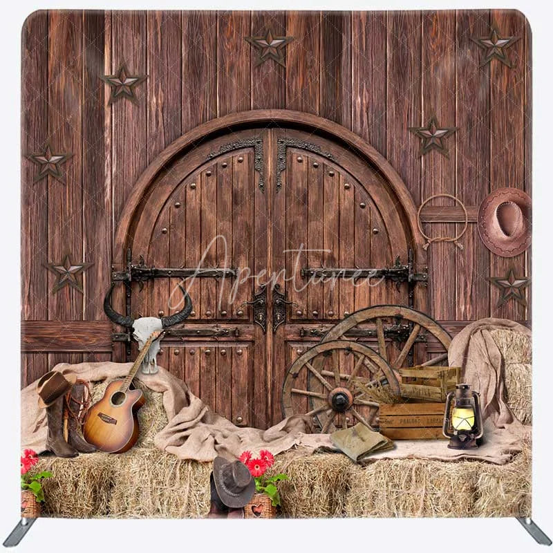 Aperturee - Aperturee Western Saloon Tension Fabric Backdrop Rustic Barn Door and Hay Bales Wild West Cowboy Themed Photo Prop