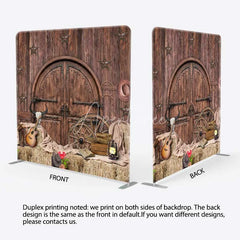Aperturee - Aperturee Western Saloon Tension Fabric Backdrop Rustic Barn Door and Hay Bales Wild West Cowboy Themed Photo Prop