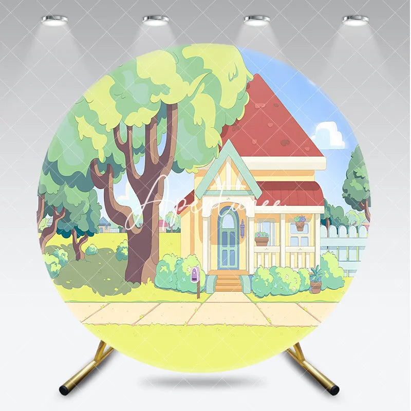 Aperturee - Aperturee Whimsical Animated Family House with Red Roof and Green Trees Round Backdrop Sunny Day Kids Birthday Party Decoration