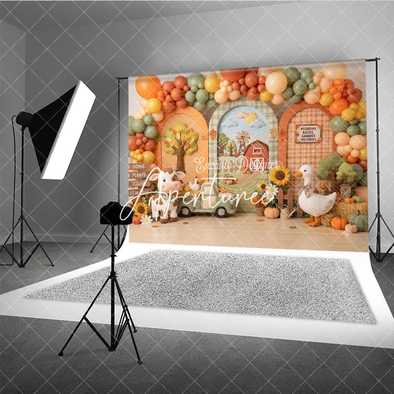 Aperturee - Aperturee Whimsical Autumn Farm Photography Backdrop with Barn Windmill Cow Goose and Fall Balloons for Baby Shower Birthday