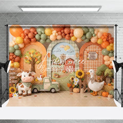 Aperturee - Aperturee Whimsical Autumn Farm Photography Backdrop with Barn Windmill Cow Goose and Fall Balloons for Baby Shower Birthday