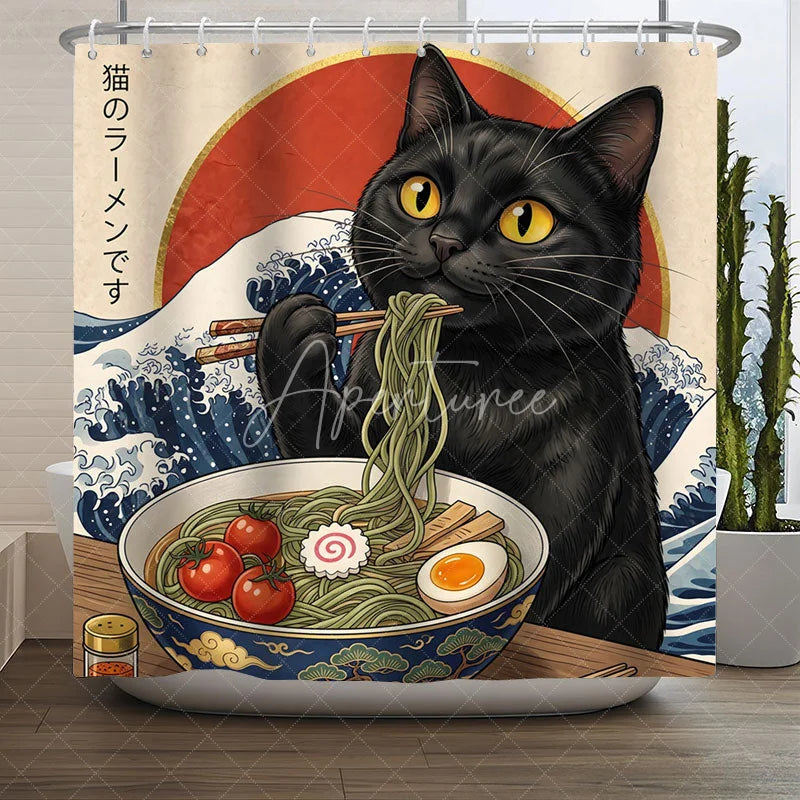 Aperturee - Aperturee Whimsical Black Cat Eating Ramen Shower Curtain Japanese Great Wave and Red Sun Art Design for Bathroom Decor