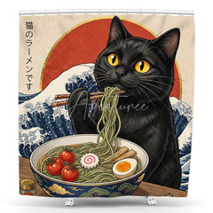 Aperturee - Aperturee Whimsical Black Cat Eating Ramen Shower Curtain Japanese Great Wave and Red Sun Art Design for Bathroom Decor