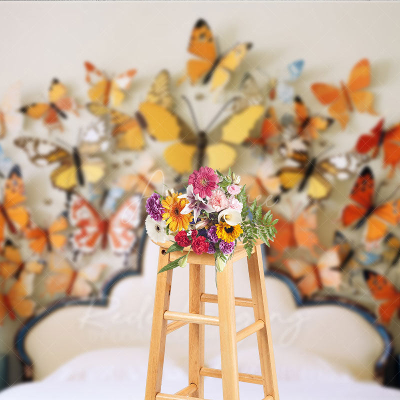Aperturee Aperturee Whimsical Butterfly Headboard Photography Backdrop Orange and Yellow 3D Butterflies Spring Themed Photo Prop