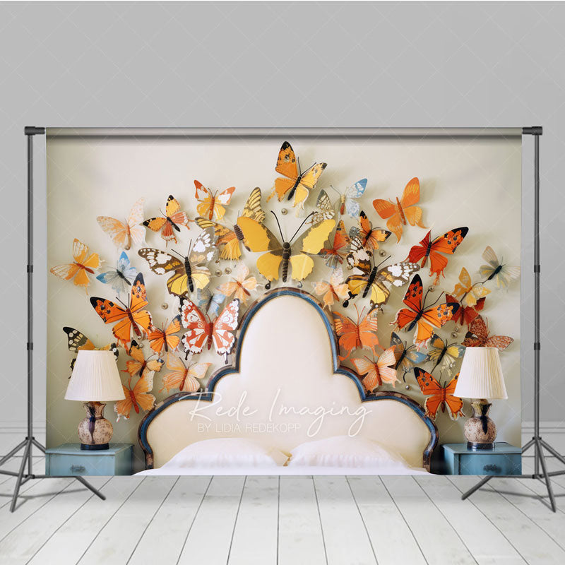 Aperturee Aperturee Whimsical Butterfly Headboard Photography Backdrop Orange and Yellow 3D Butterflies Spring Themed Photo Prop