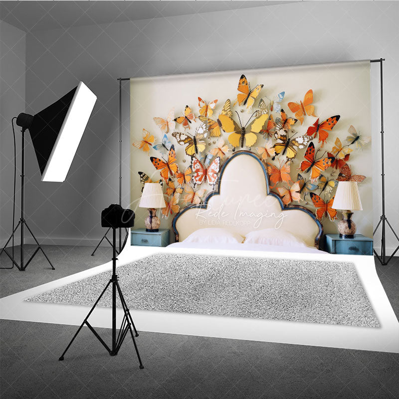 Aperturee Aperturee Whimsical Butterfly Headboard Photography Backdrop Orange and Yellow 3D Butterflies Spring Themed Photo Prop