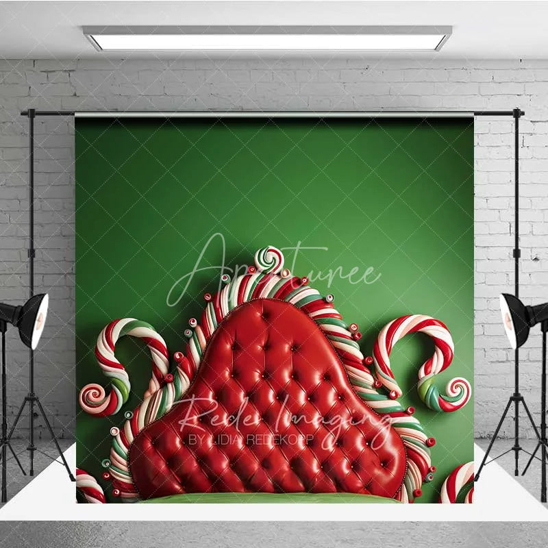 Aperturee - Aperturee Whimsical Candy Bed Backdrop Red Tufted Headboard Green Wall Candy Cane Frame Photo Background