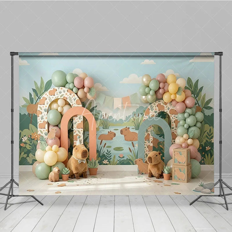 Aperturee - Aperturee Whimsical Capybara Jungle River Photography Backdrop with Pastel Balloons and Arches Birthday Baby Shower Party Decor