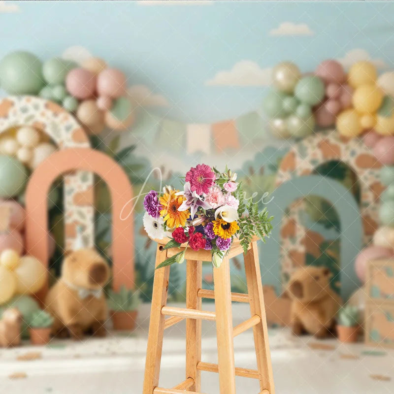 Aperturee - Aperturee Whimsical Capybara Jungle River Photography Backdrop with Pastel Balloons and Arches Birthday Baby Shower Party Decor