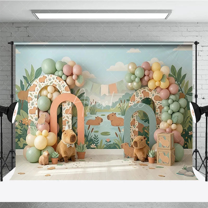 Aperturee - Aperturee Whimsical Capybara Jungle River Photography Backdrop with Pastel Balloons and Arches Birthday Baby Shower Party Decor