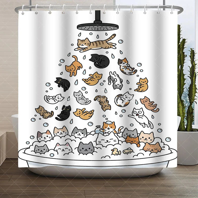 Aperturee - Aperturee Whimsical Cartoon Cats Shower Curtain Funny Kittens Playing in Bathtub with Bubbles Cute Bathroom Decor