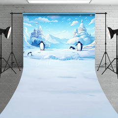 Aperturee - Aperturee Whimsical Cartoon Penguin Winter Wonderland Sweep Backdrop Icy Castle Landscape for Kids Party