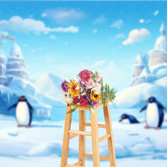 Aperturee - Aperturee Whimsical Cartoon Penguins and Ice Castle Photography Backdrop Winter Wonderland Arctic Scene for Kids
