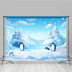Aperturee - Aperturee Whimsical Cartoon Penguins and Ice Castle Photography Backdrop Winter Wonderland Arctic Scene for Kids