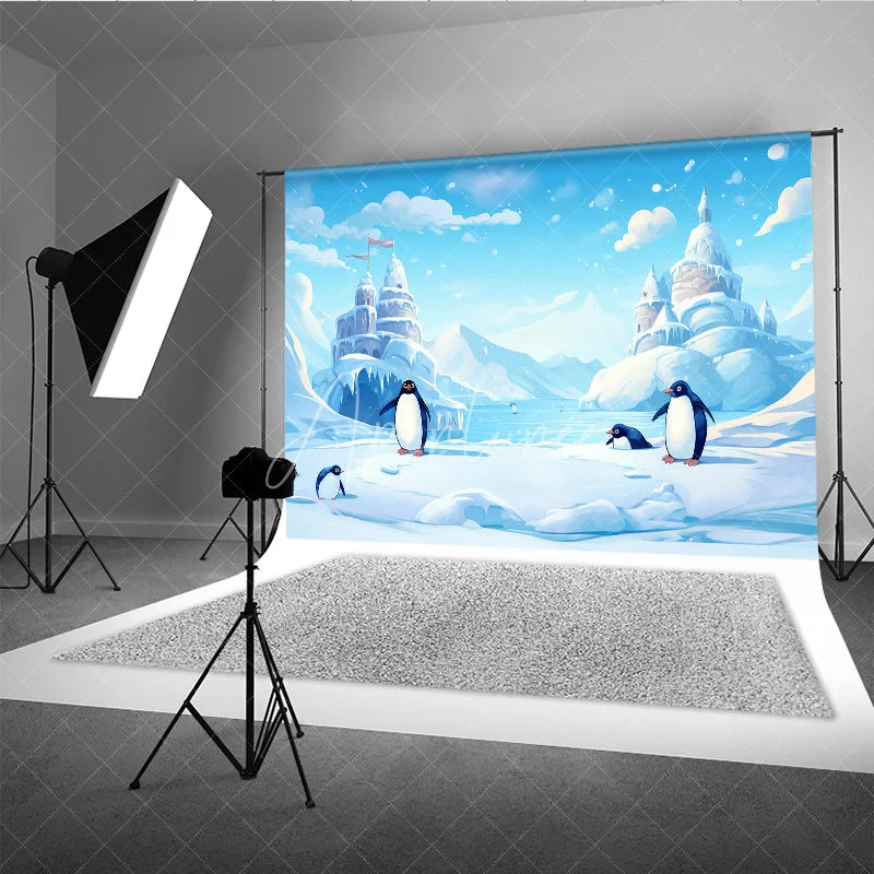 Aperturee - Aperturee Whimsical Cartoon Penguins and Ice Castle Photography Backdrop Winter Wonderland Arctic Scene for Kids