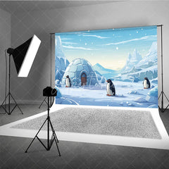 Aperturee - Aperturee Whimsical Cartoon Penguins and Igloo Winter Photography Backdrop Snowy Mountain Scene for Kids Party