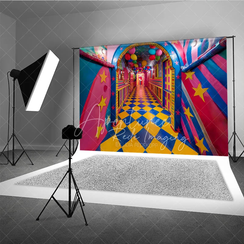 Aperturee - Aperturee Whimsical Checkered Hallway Fine Art Backdrop Colorful Balloons and Stars Photography Studio Background