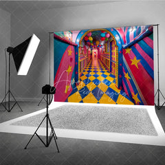 Aperturee - Aperturee Whimsical Checkered Hallway Fine Art Backdrop Colorful Balloons and Stars Photography Studio Background