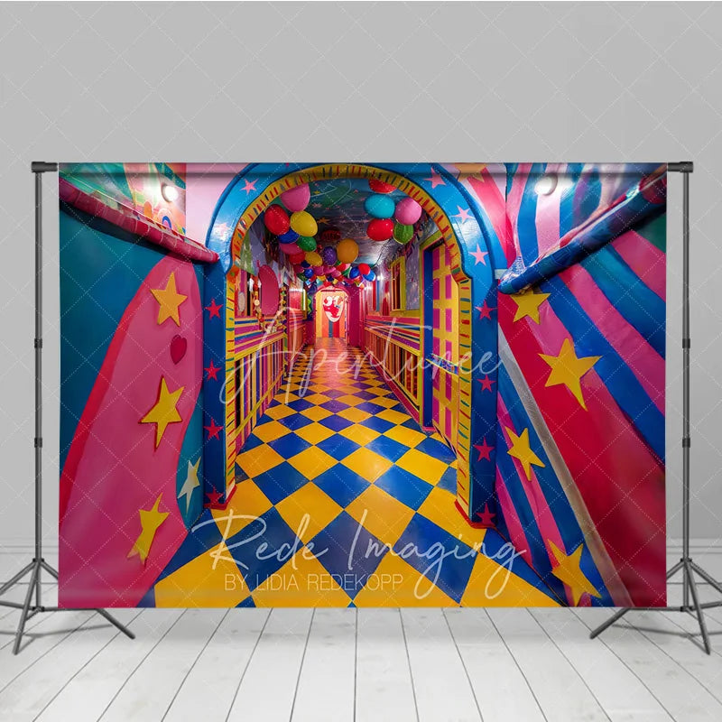 Aperturee - Aperturee Whimsical Checkered Hallway Fine Art Backdrop Colorful Balloons and Stars Photography Studio Background