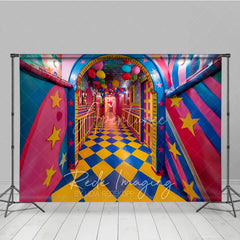 Aperturee - Aperturee Whimsical Checkered Hallway Fine Art Backdrop Colorful Balloons and Stars Photography Studio Background