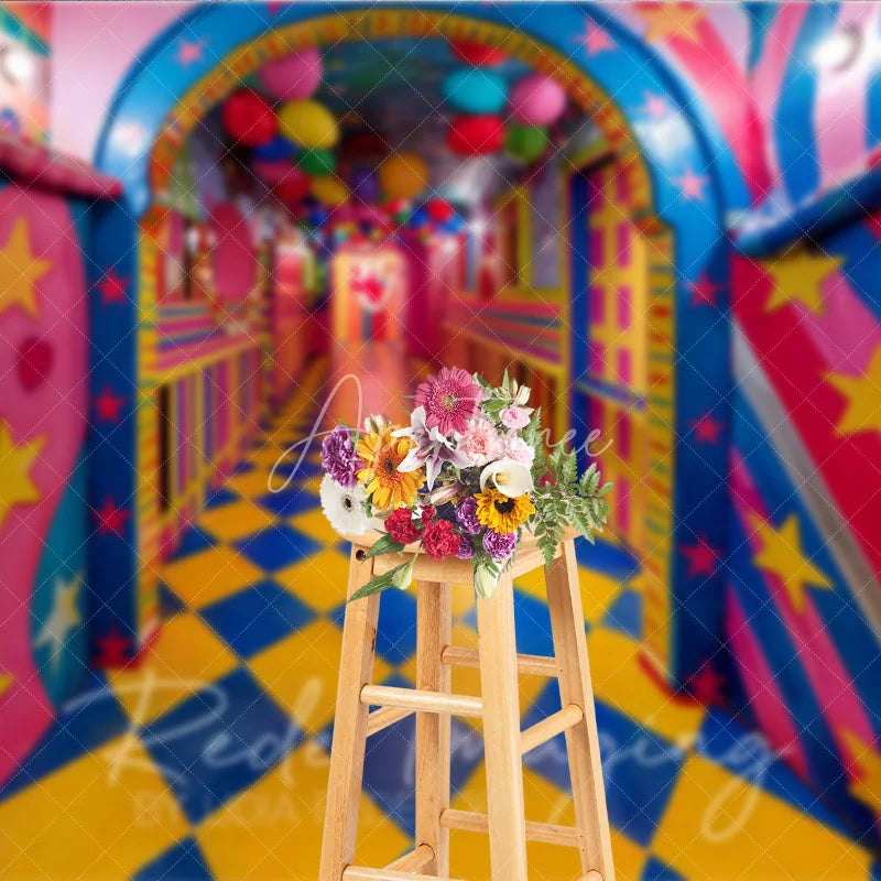 Aperturee - Aperturee Whimsical Checkered Hallway Fine Art Backdrop Colorful Balloons and Stars Photography Studio Background