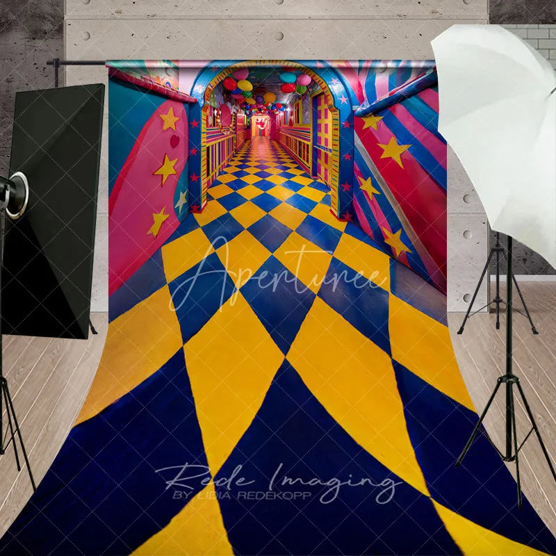 Aperturee - Aperturee Whimsical Checkered Hallway Fine Art Photography Backdrop Colorful Balloons Sweep Portrait Studio Background