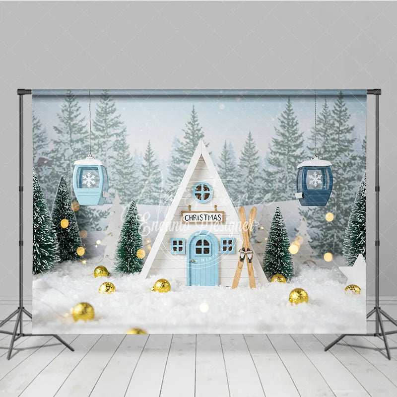 Aperturee - Aperturee Whimsical Christmas A-Frame Cabin Photography Backdrop Miniature Ski Lift in Snow Winter Holiday Photo Background
